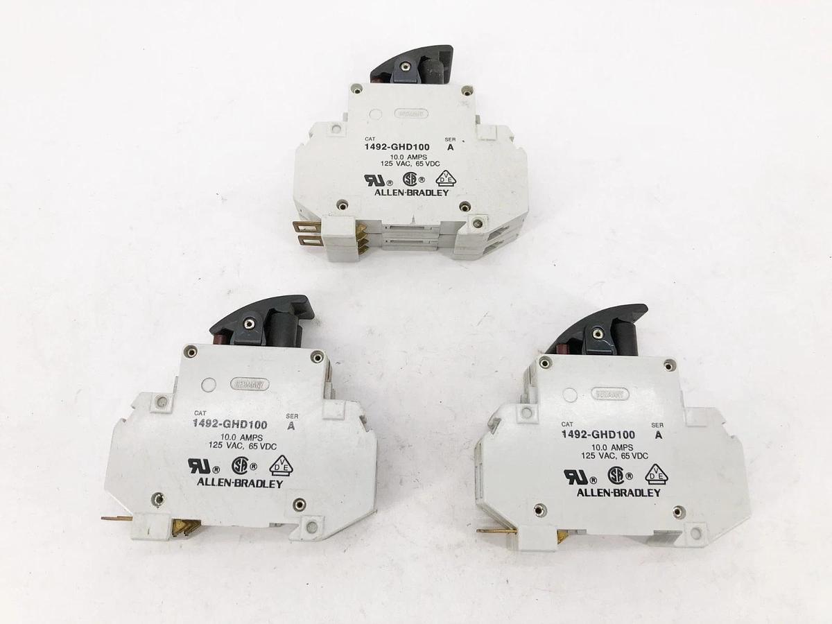 Lot of 3 New Allen-Bradley 1492-GHD100 Circuit Breakers 10A 125VAC 65VDC No Box