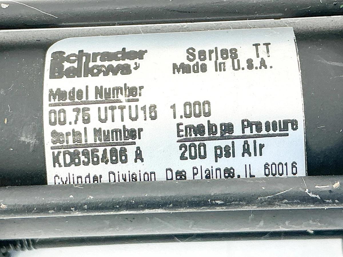 Used Schrader Bellows 00.75UTTU16 1.00 Pneumatic Cylinder .75" Bore 1" Stroke 200PSI