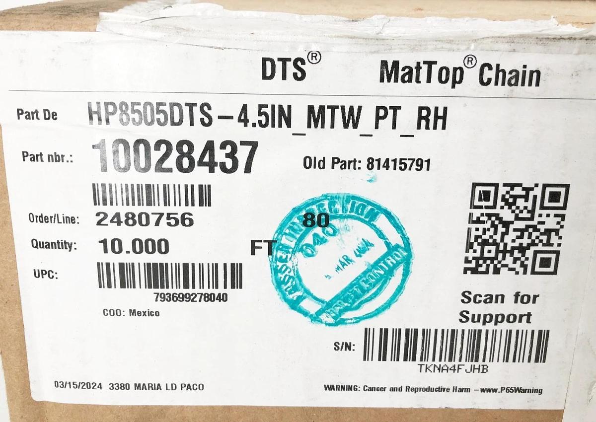 New Rexnord HP8505DTS-4.5IN-MTW-PT-RH MatTop Chain 10 FT. 10028437 81415791