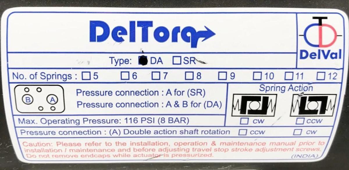 New DelTorq 085-DA-00 Double Acting Actuator 116psi - No Box