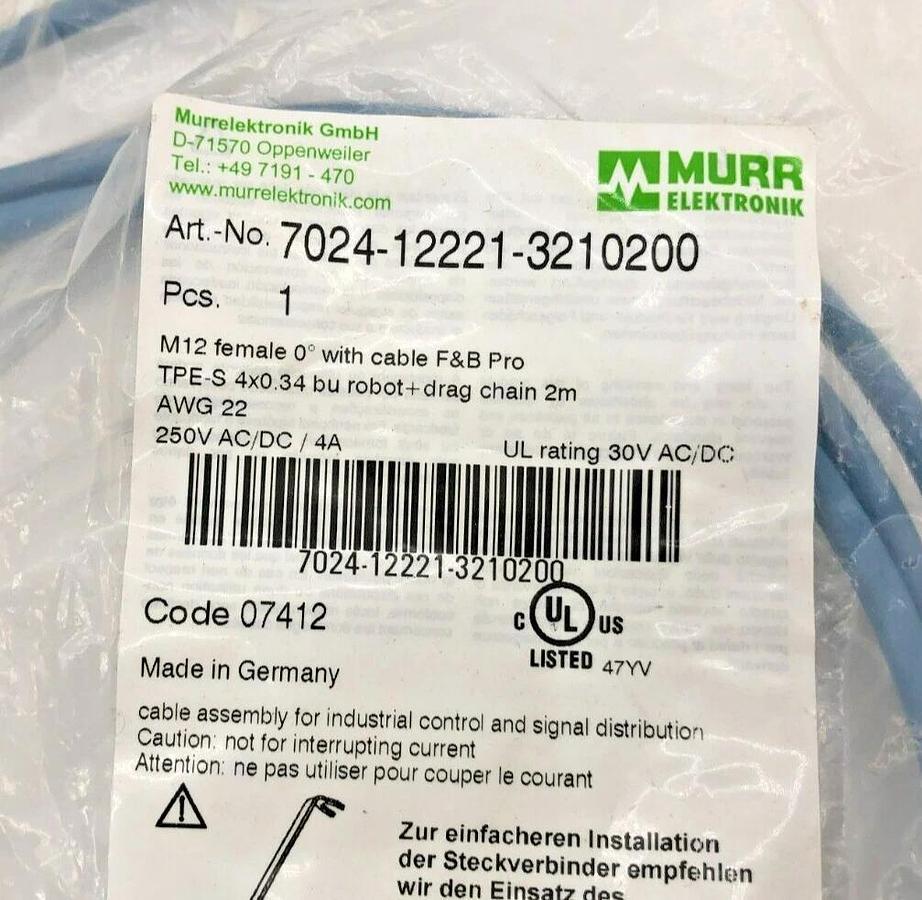 Lot of 3 New Murr Elektronik 7024-12221-3210200 Cables M12 Axial Female 6.5FT.