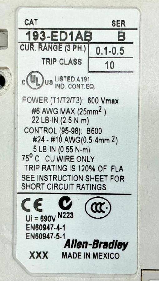 New Allen Bradley 193-ED1AB Ser B Overload Relay 3PH 0.1-0.5A Class 10 - No Box
