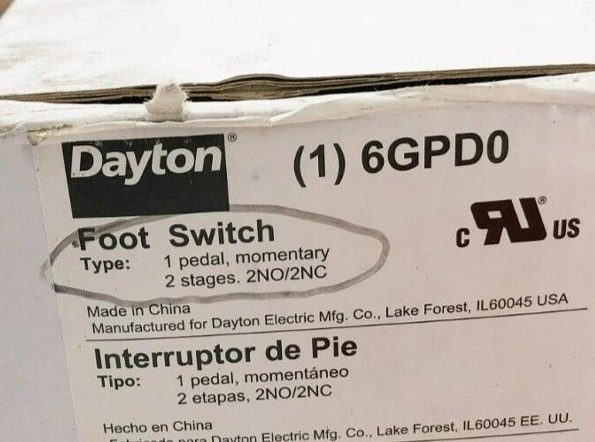 New Dayton 6GPD0 Type 1 Foot Switch Momentary 25A 125/250/480VAC 2HP 250VAC