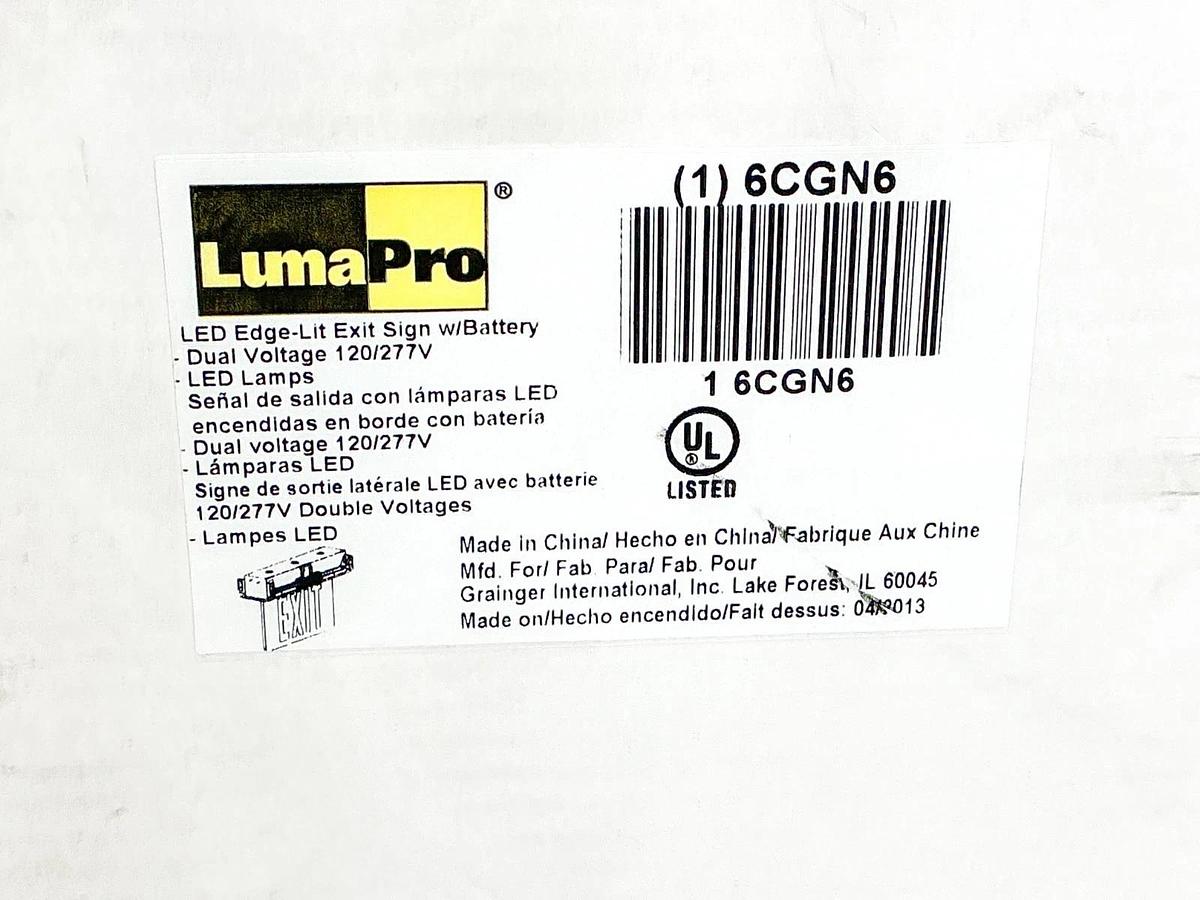 New Luma Pro 6CGN6 LED Edge Lit Exit sign W/ Battery 120/277V REL-800-SG(C)-AL