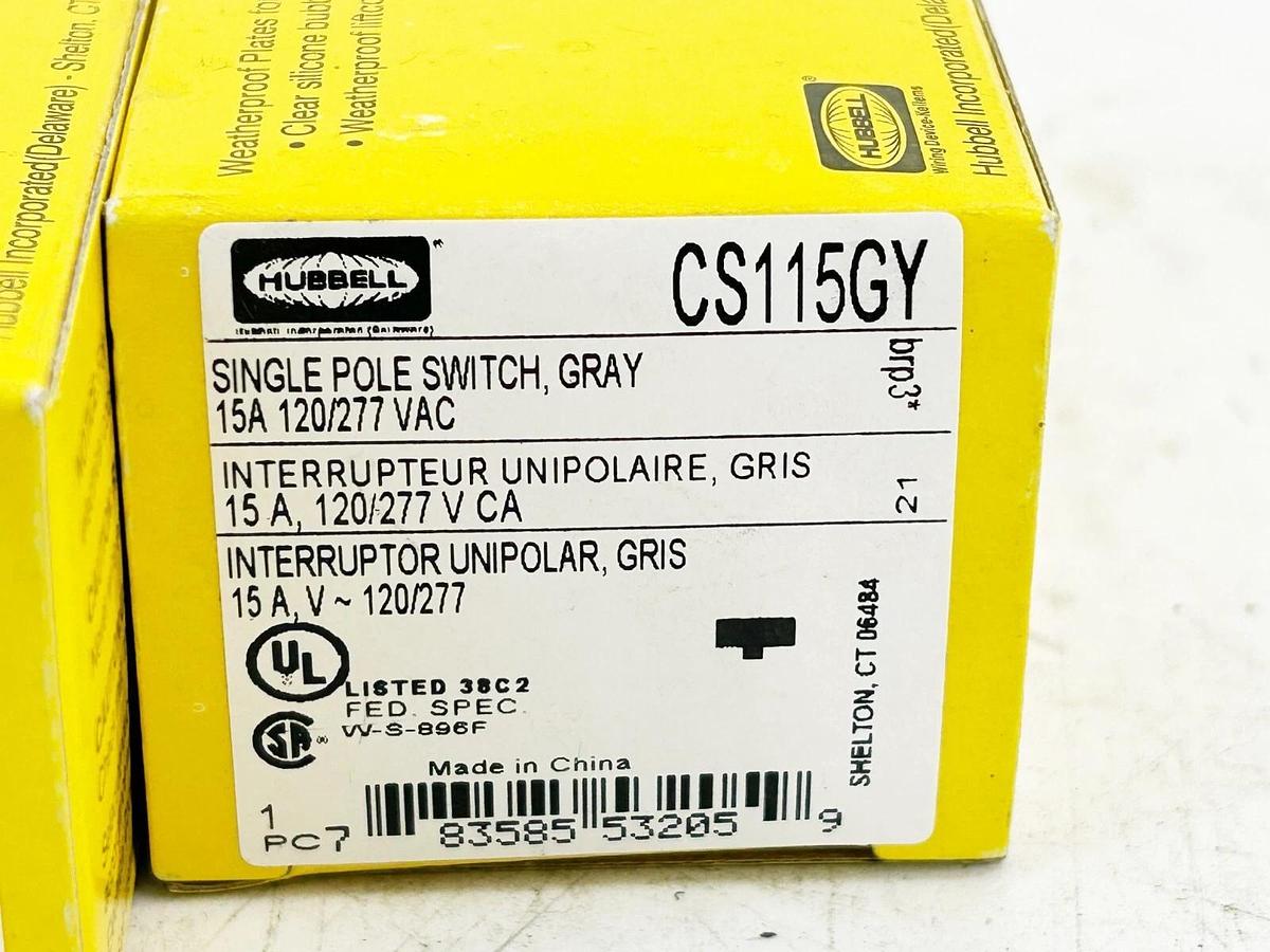 New Lot of 4 Hubbell CS115GY Single Pole Switch Gray 15A 120/277Vac