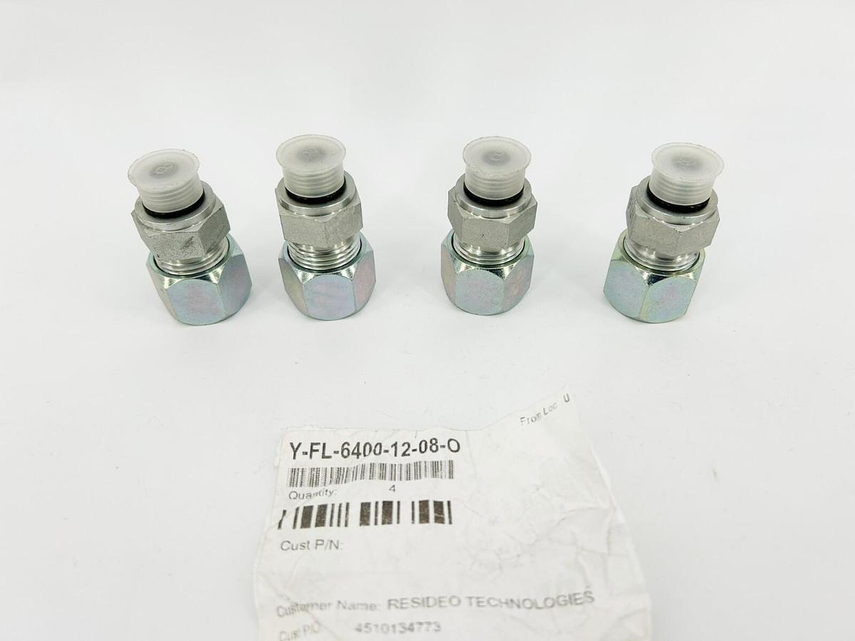 Lot of 4 New Y-FL-6400-12-08-O Adapters, Male Flareless to Male ORing Straight