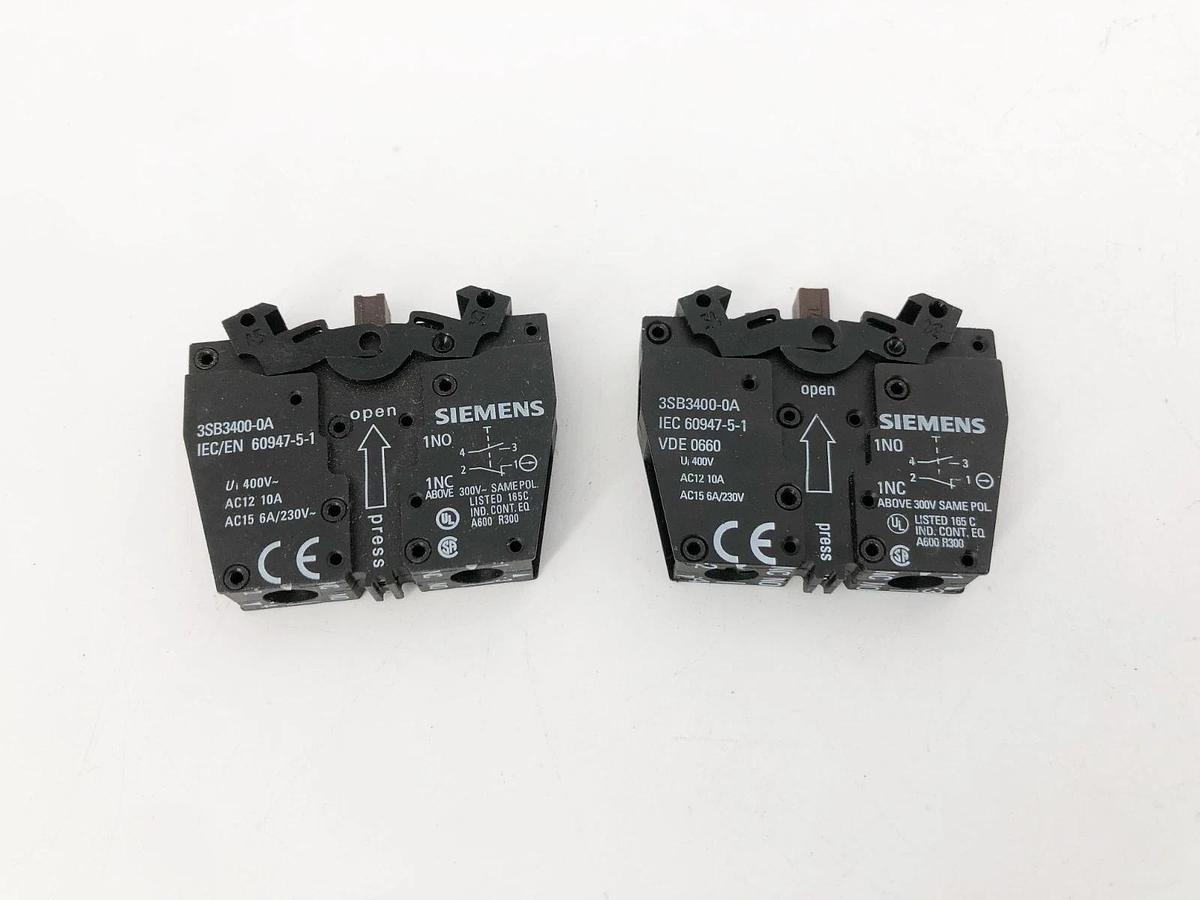 Lot of 2 New Siemens 3SB3400-0A Contact Blocks 400V 1NO 1NC - No Box