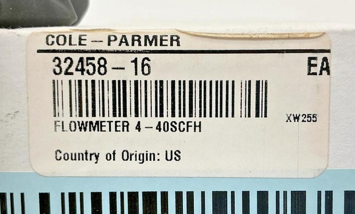 New Cole Parmer 32458-16 Flowmeter 4-40SCFH Air Acrylic Body 2520A4A33BNBN-CP