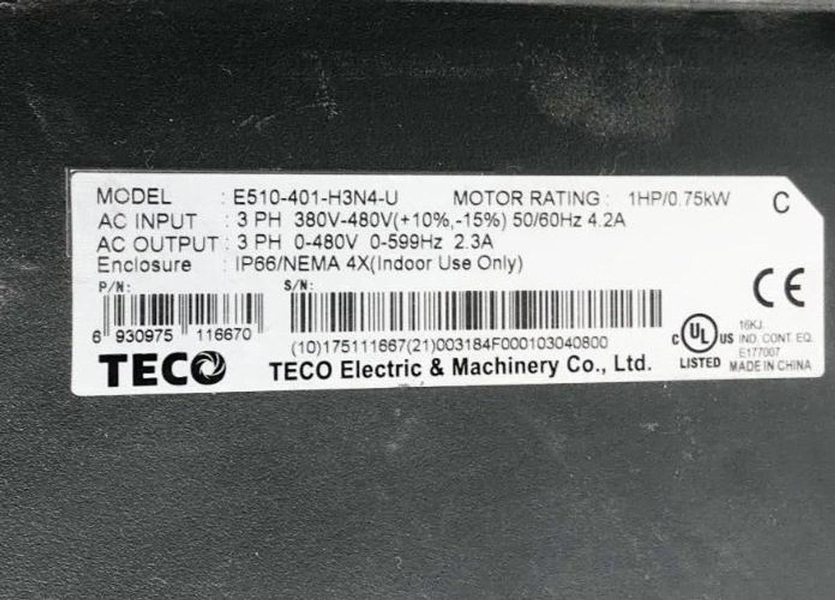 Used TECO Westinghouse E510-401-H3N4-U Frequency Inverter 3PH 0-480V 0-599Hz 2.3A Out