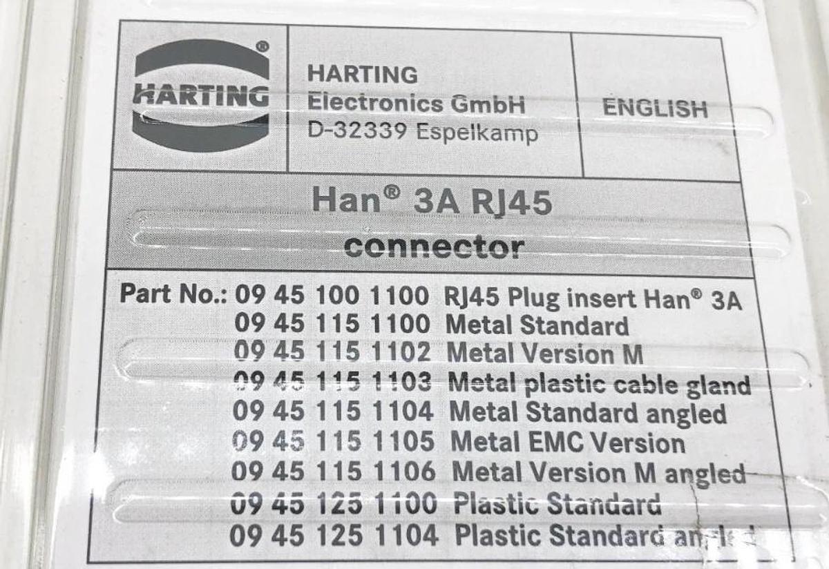 New Harting Han 3A RJ45 Connector Male Panel Mount Cat5 Straight 1 Port