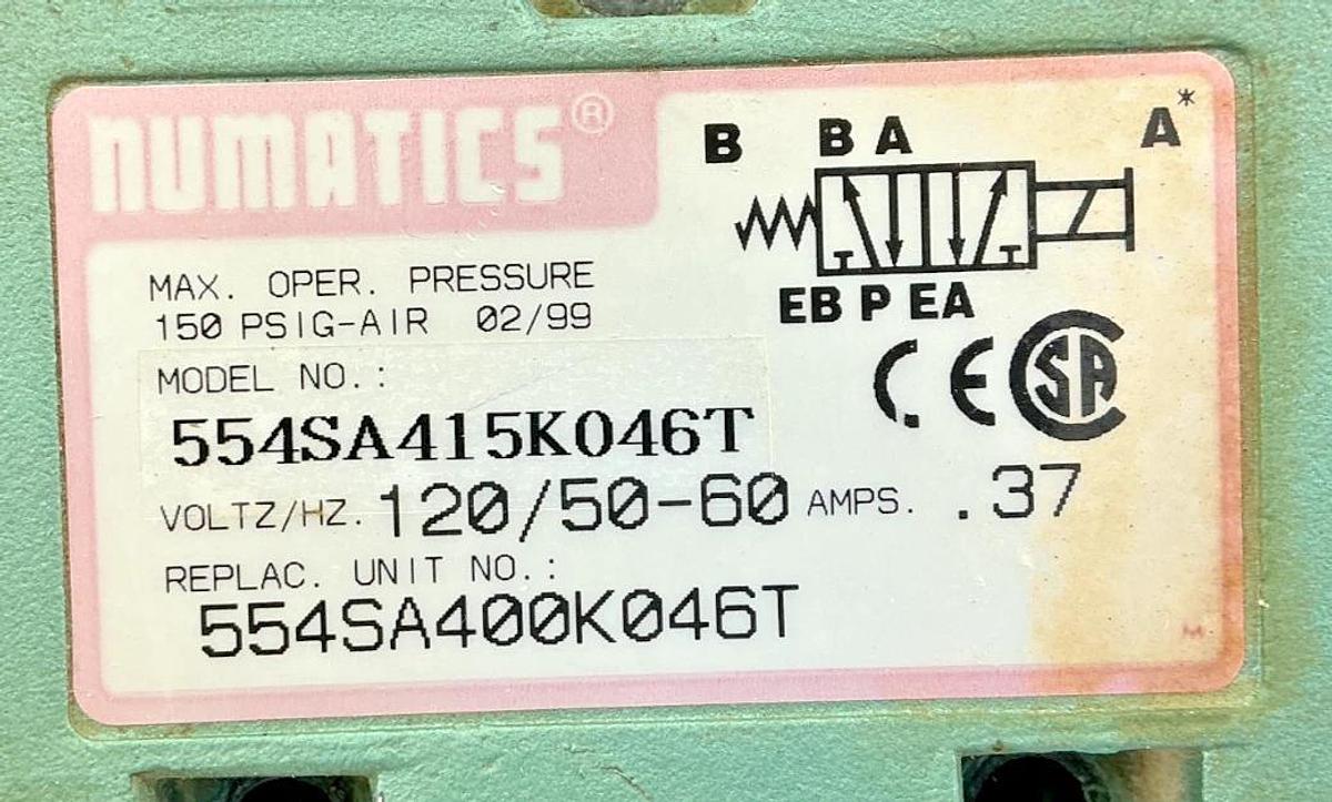 Used Numatics 554SA415K046T Solenoid Valve 150PSIG-Air 0.37A 120VAC 50/60HZ