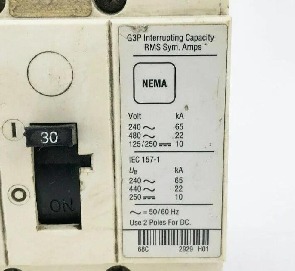 Used Eaton Automation Direct G3P-030 Circuit Breaker 480 VAC / 250 VDC 3-Pole 22KA