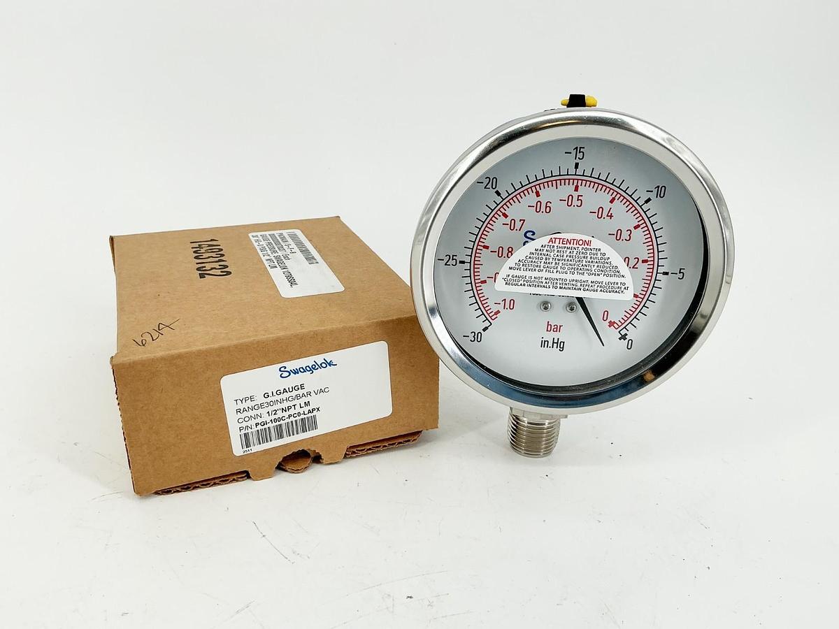 New Swagelok PGI-100C-PC0-LAPX Pressure Gauge 1/2" NPT Stainless Steel