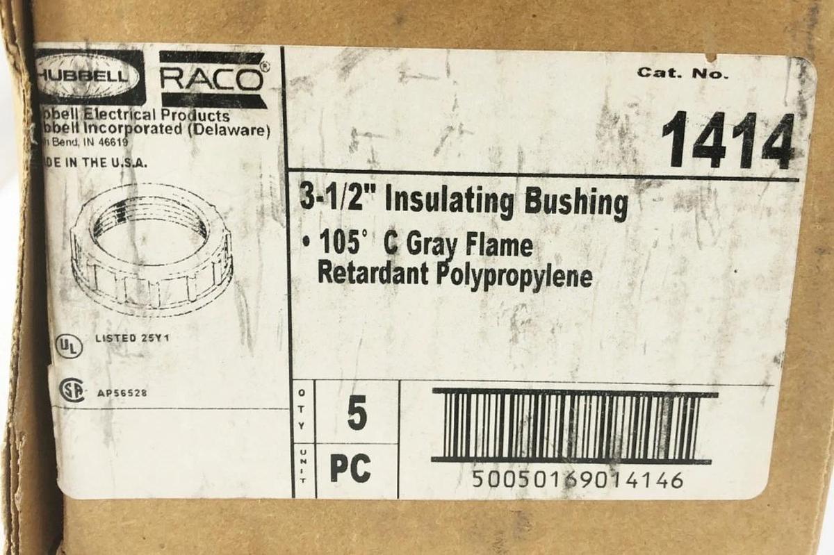 Box of 5 New Hubbell Raco 1414 Insulating Bushing Polypropylene 3-1/2"