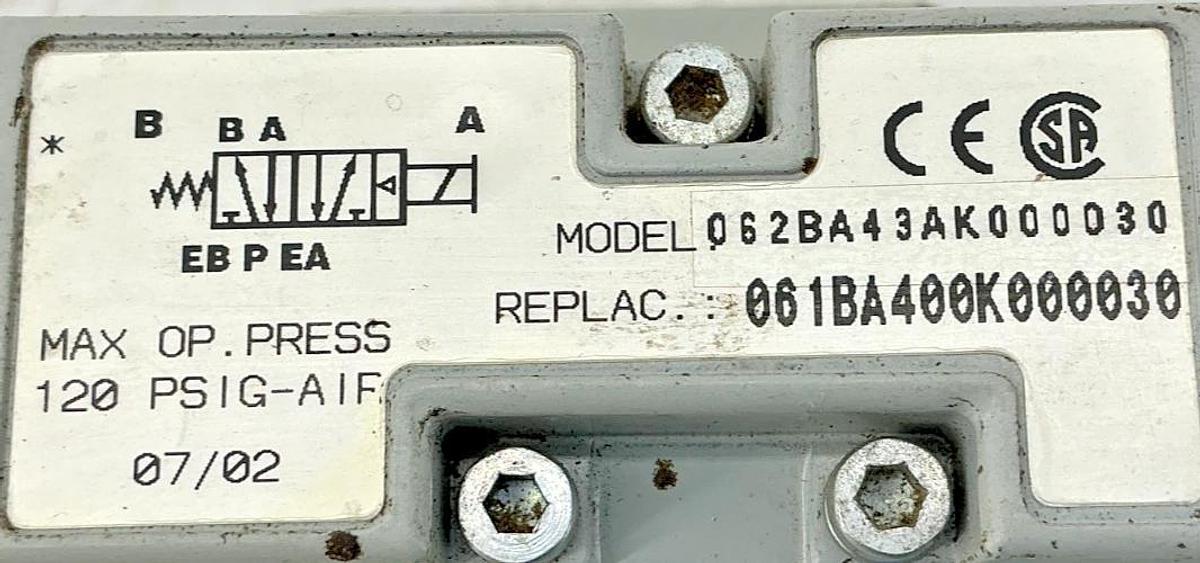 Used Numatics 062BA43AK000030 Solenoid Valve 120PSIG-Air 0.05A 110/120V 50/60HZ