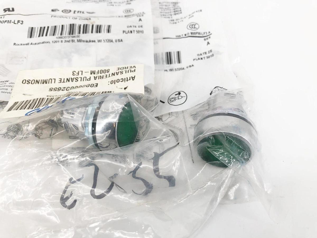 Lot of 2 New Allen Bradley 800FM-LF3 Green Flush Mount Pushbutton Illuminated