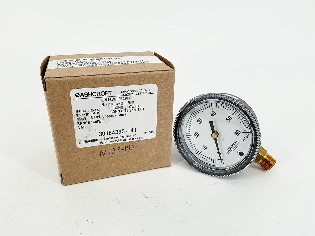 New Ashcroft 25-1490-A-02L-60IW Pressure Gauge 2-1/2" 60IW 1/4NPT