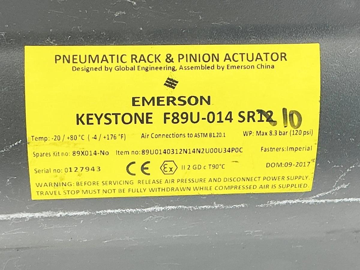 Used Emerson F89U-014SR10 Pneumatic Rack & Pinion Actuator 120PSI