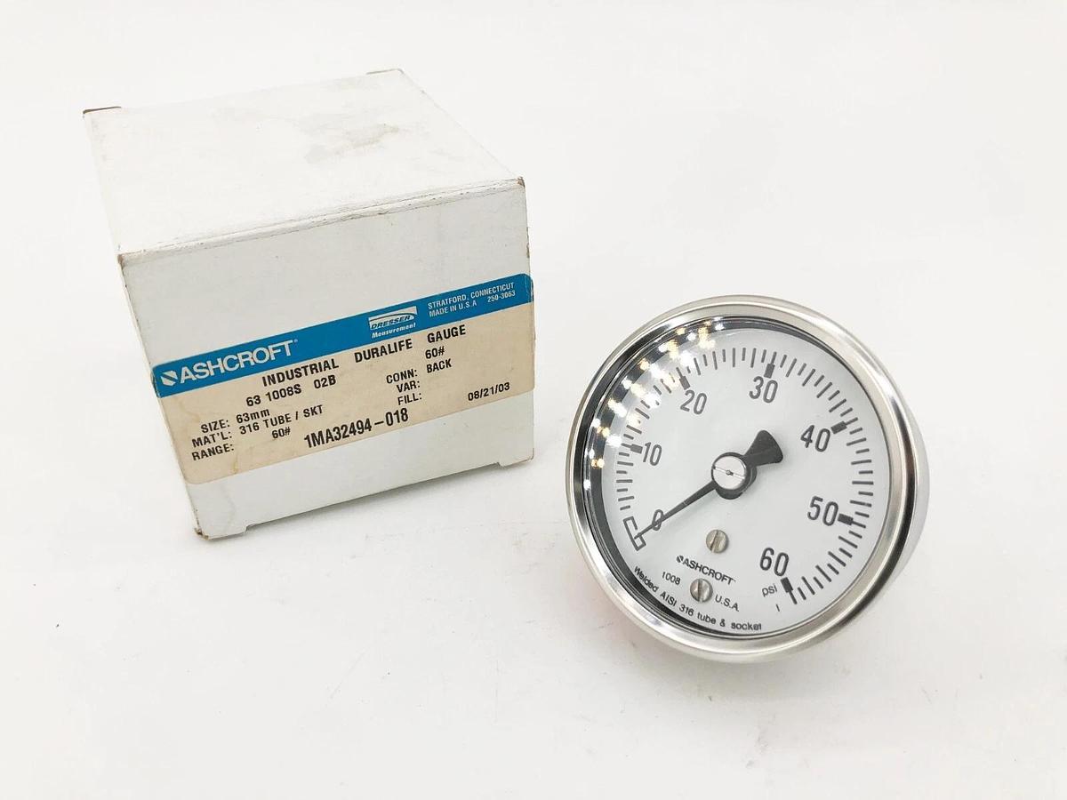 New Ashcroft 63-1008S-02B-60# Pressure Gauge 63mm 60psi Back Mount