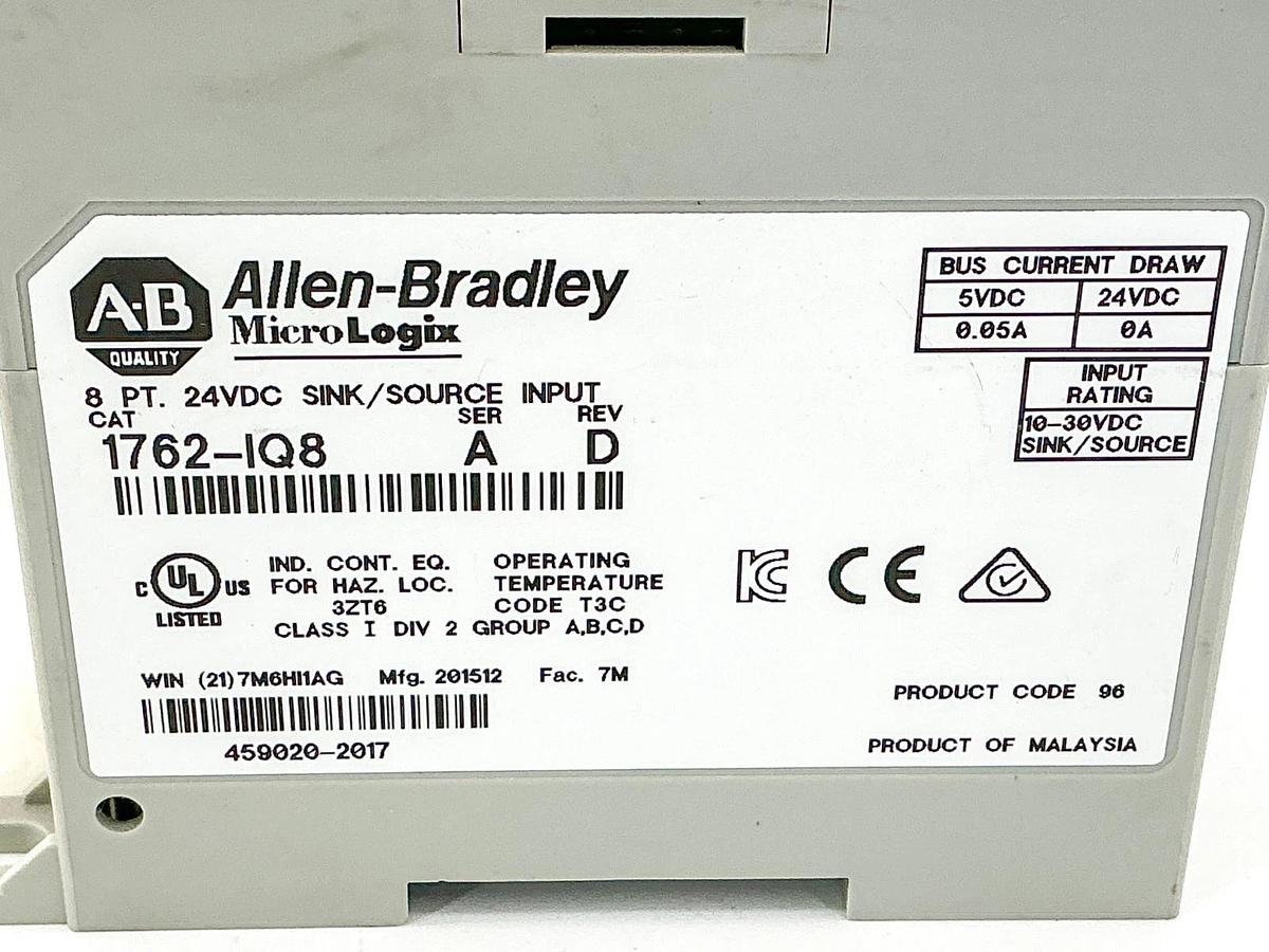 Used Allen Bradley 1762-IQ8 MicroLogix Input Module 8PT 24VDC Ser.A - No Box