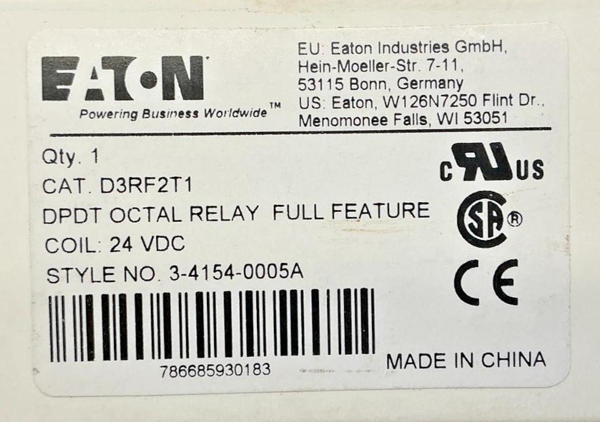 New Eaton D3RF2T1 DPDT Octal Relay Full Feature Coil: 24V 8-Pin 3-4154-0005A