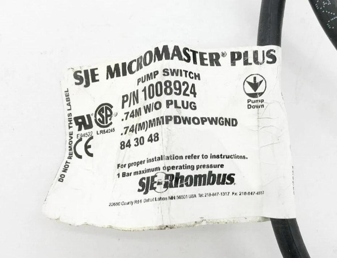 New SJE Micromaster 1008924 Pump Switch 125/250VAC 2FT. Cable