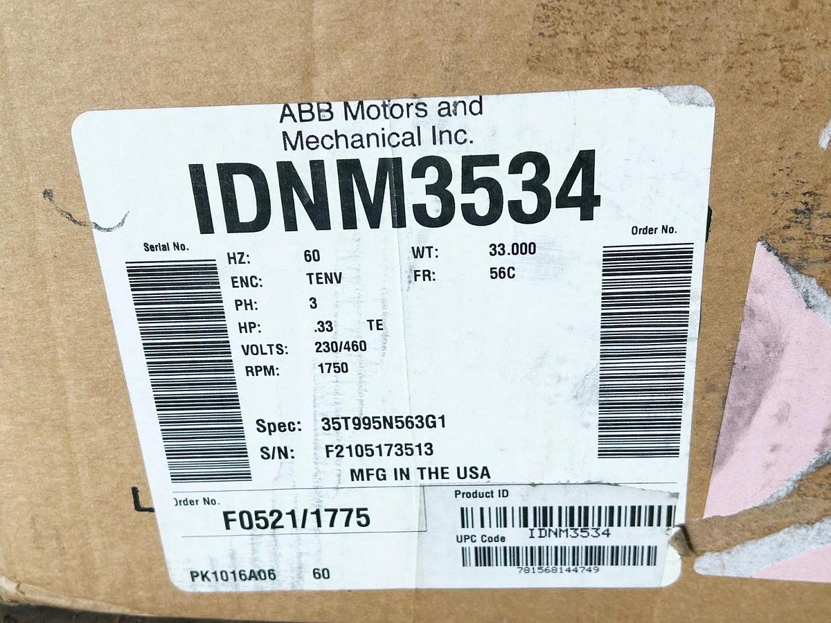 New Baldor IDNM3534 Inverter Duty AC Motor .33HP 1725RPM 3PH 60Hz