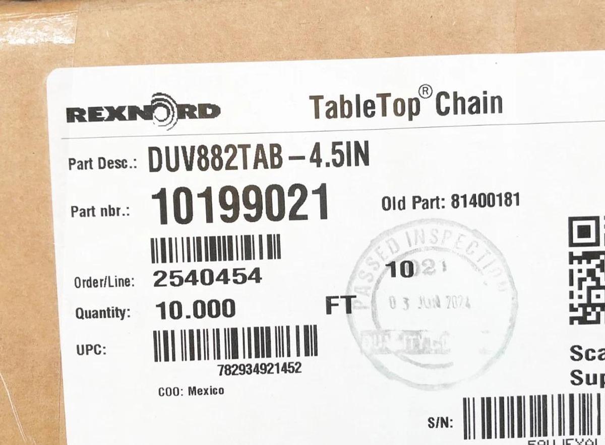 New Rexnord DUV882TAB-4.5IN TableTop Chain 10 FT. 10199021 81400181