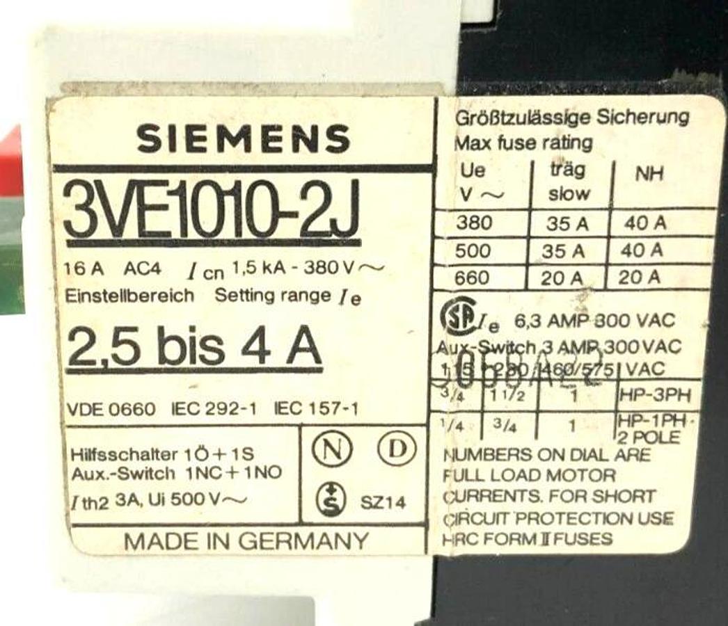 Used Siemens 3VE1010-2J Motor Circuit Breaker 2.5-4A
