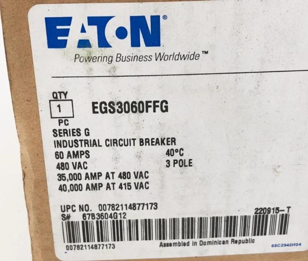 New Eaton EGS3060FFG Circuit Breaker 60A 480VAC 3 Pole