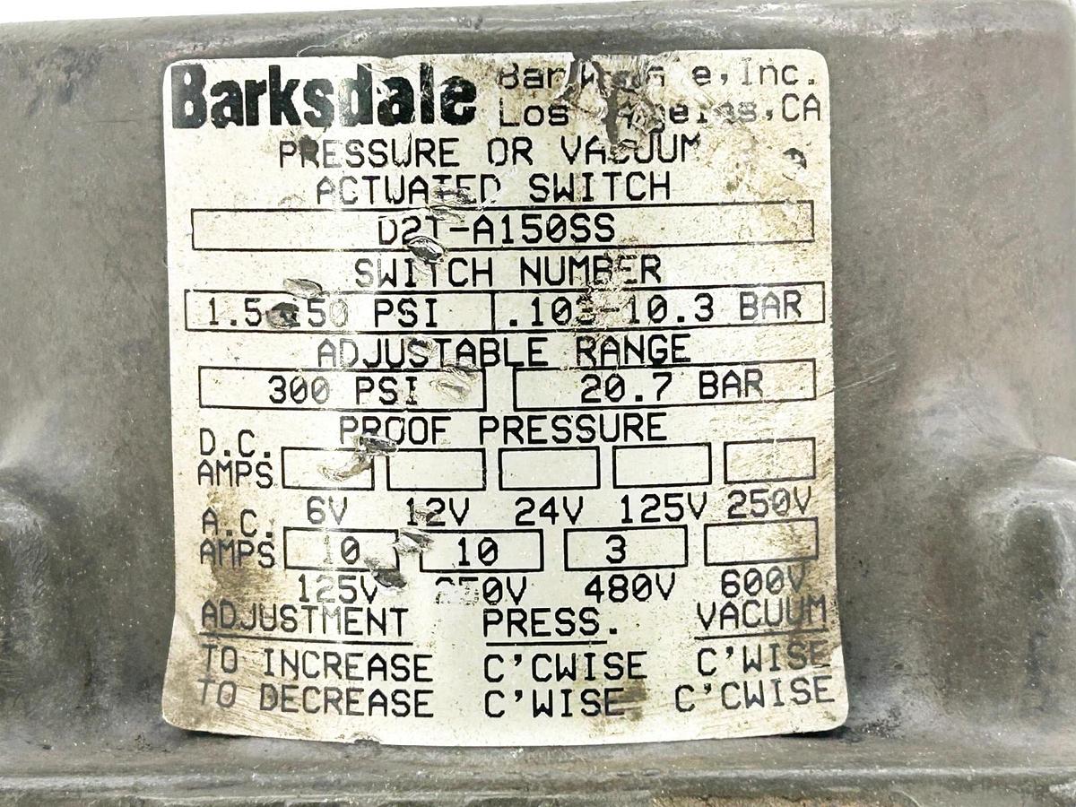 Used Barkdale D2T-A150SS Pressure Switch 1.5-150PSI 480V - Missing Parts