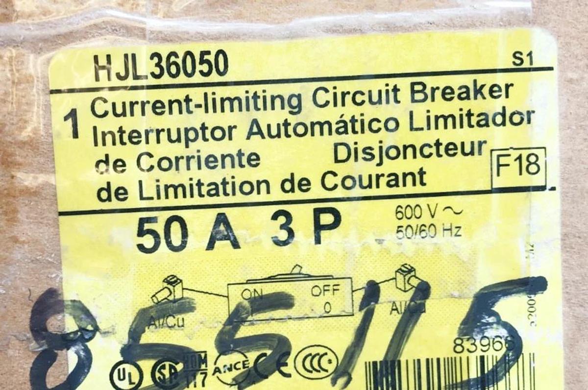 New Square D HJL36050 PowerPact Circuit Breaker 50A 600V 3P HJ 050