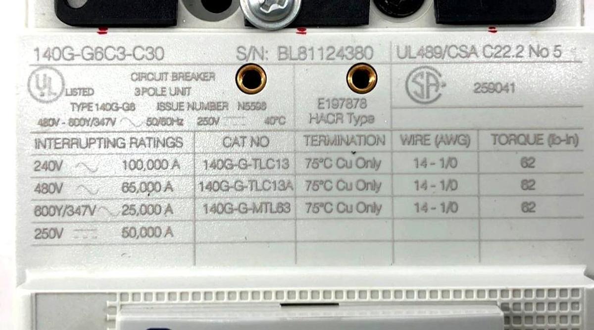 New Allen Bradley 140G-G6C3-C30 Circuit Breaker 30A 3P 480V-600Y/347V - No Box