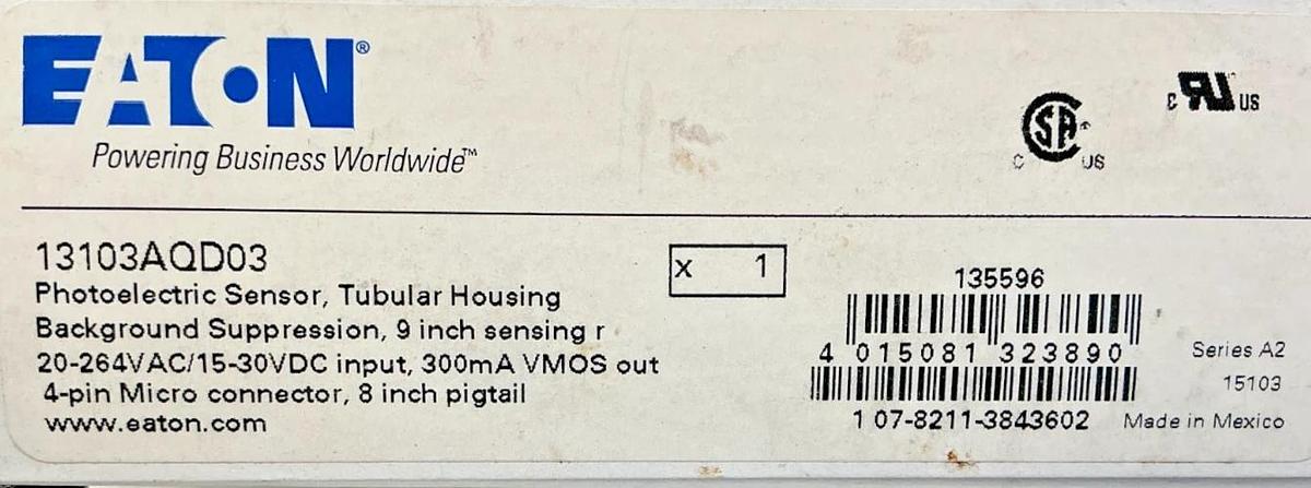 New Eaton 13103AQD03 Ser A2 Photoelectric Sensor 4-Pin 9inch Sensing 20-264VAC