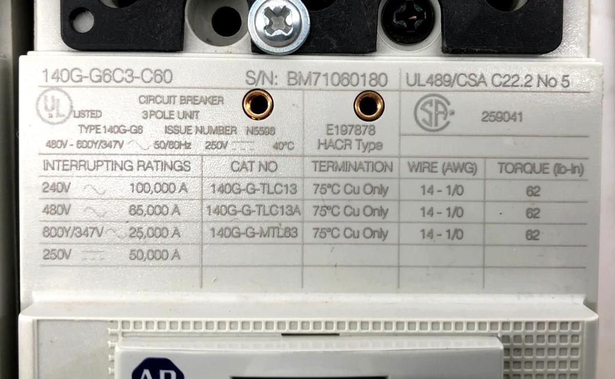 New Allen Bradley 140G-G6C3-C60 Circuit Breaker 60A 3P 480V-600Y/347V - No Box