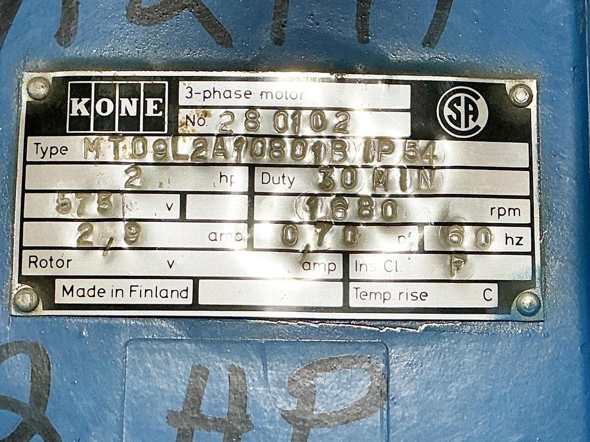 Used Kone MT09L2A10801BIP54 Electric Motor 2HP 575V 1680RPM 2.8A 3PH 280102
