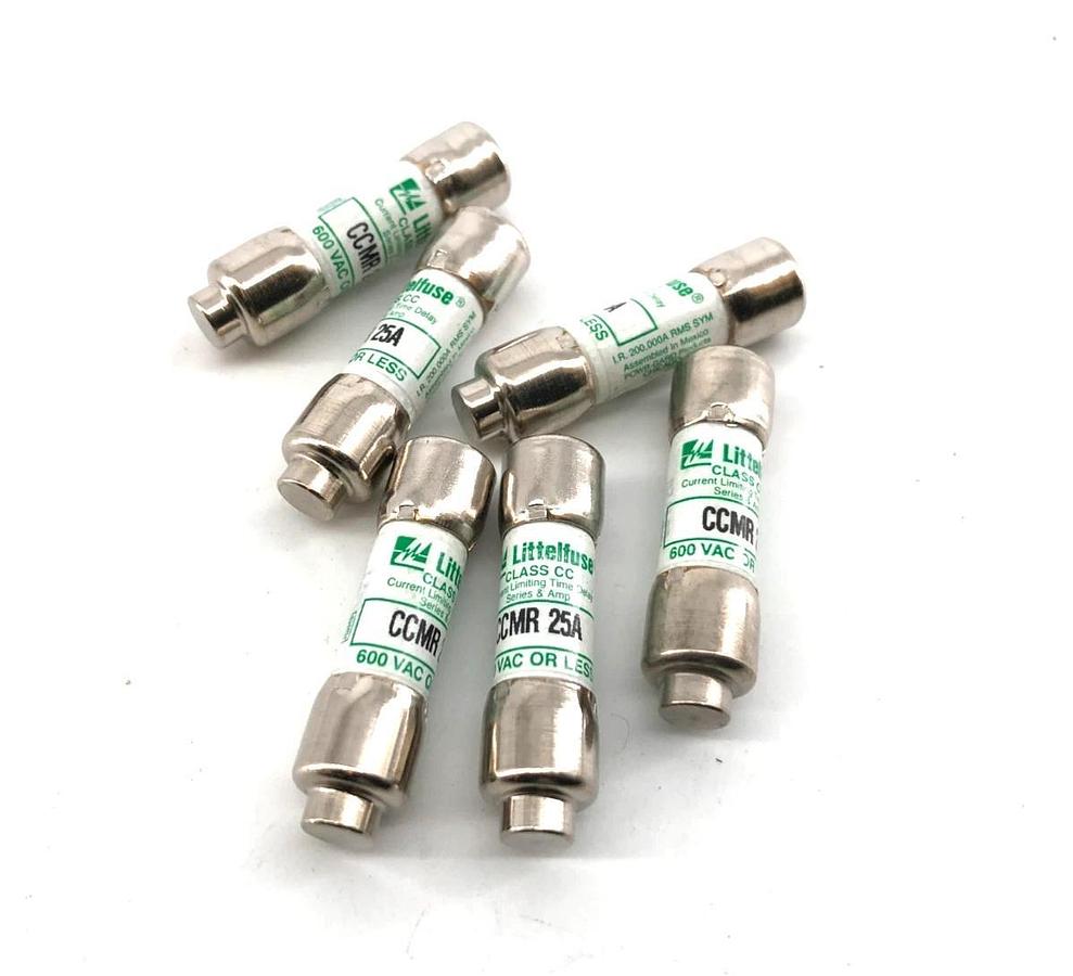 Lot of 6 New Littelfuse CCMR-25A Time Delay Fuses 25A 600VAC Class CC - No Box