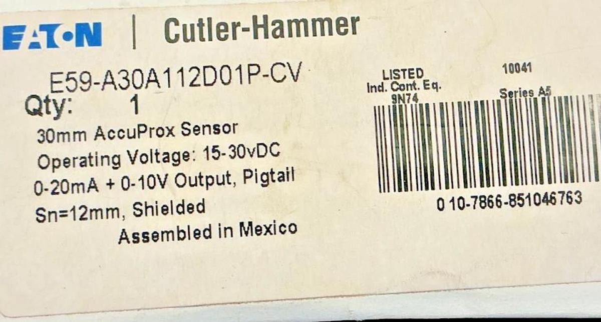 New Eaton Cutler-Hammer E59-A30A112D01P-CV Ser A5 Prox Sensor Sn=12mm 15-30VDC