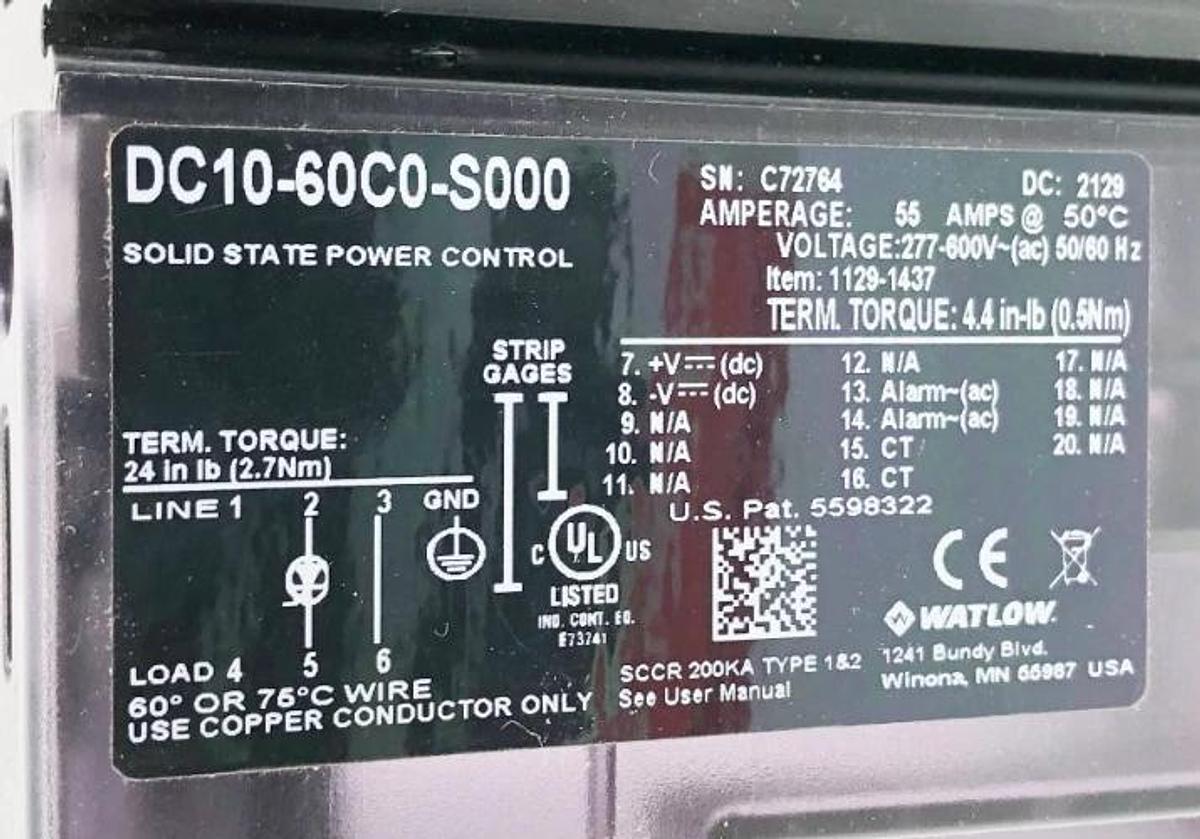 New Watlow DC10-60C0-S000 Controller 55A 4.5-32VDC In 277-600VAC Out - No Coil