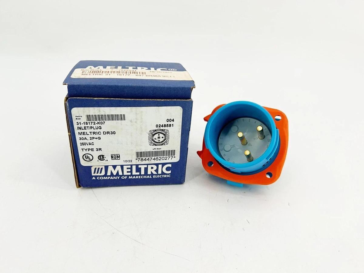 New Meltric 31-18172-K07 Inlet Plug 30A 2P+G 250VAC Type 3R 0040248581