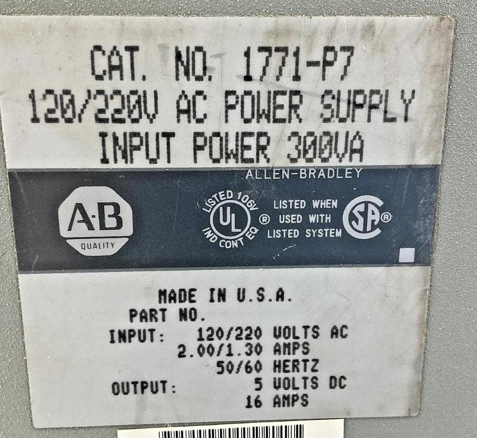 Used Allen Bradley 1771-P7 Power Supply 300VA IN 2A 120/220VAC 50/60HZ OUT 5VDC 16A