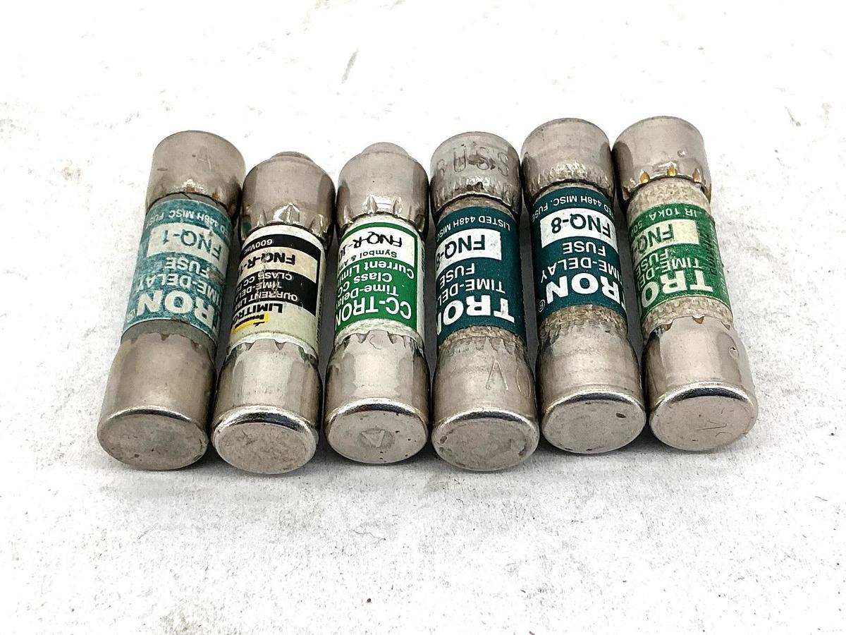 Lot of 6 New Assorted Bussmann FNQ Time-Delay Fuses 1, 2, 8 & R-10