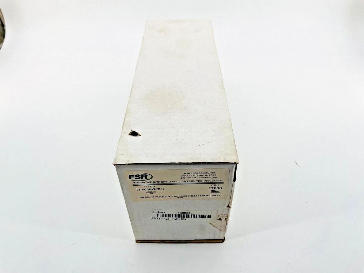 New FSR T3-AC2HW-BLK HW Round Table Box 2 AC Receptacles 2 Data Cables 17098