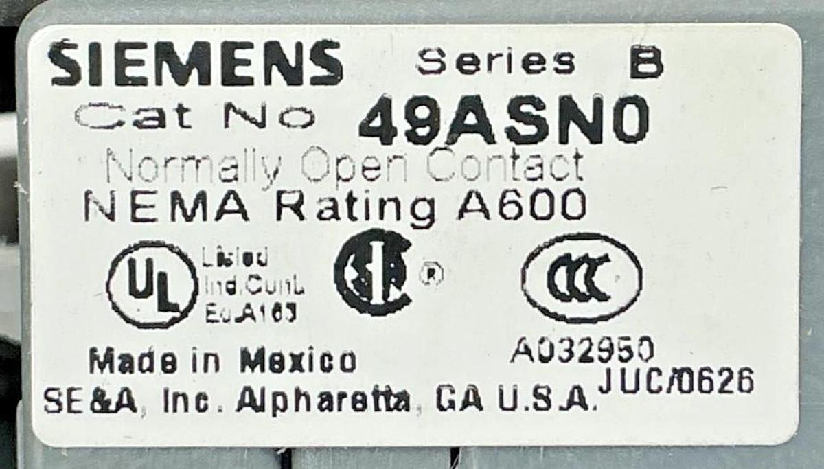 New Siemens 49ASNO Ser B Auxiliary Contact Kit 1-NO NEMA Rating A600 - No Box