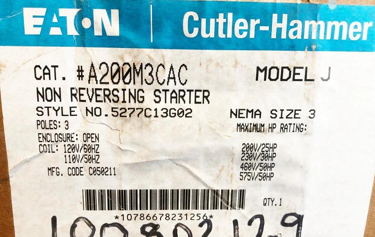 New Eaton A200M3CAC Non-Rev Starter 120V Coil 5277C13G02 3P NEMA 3 Model J