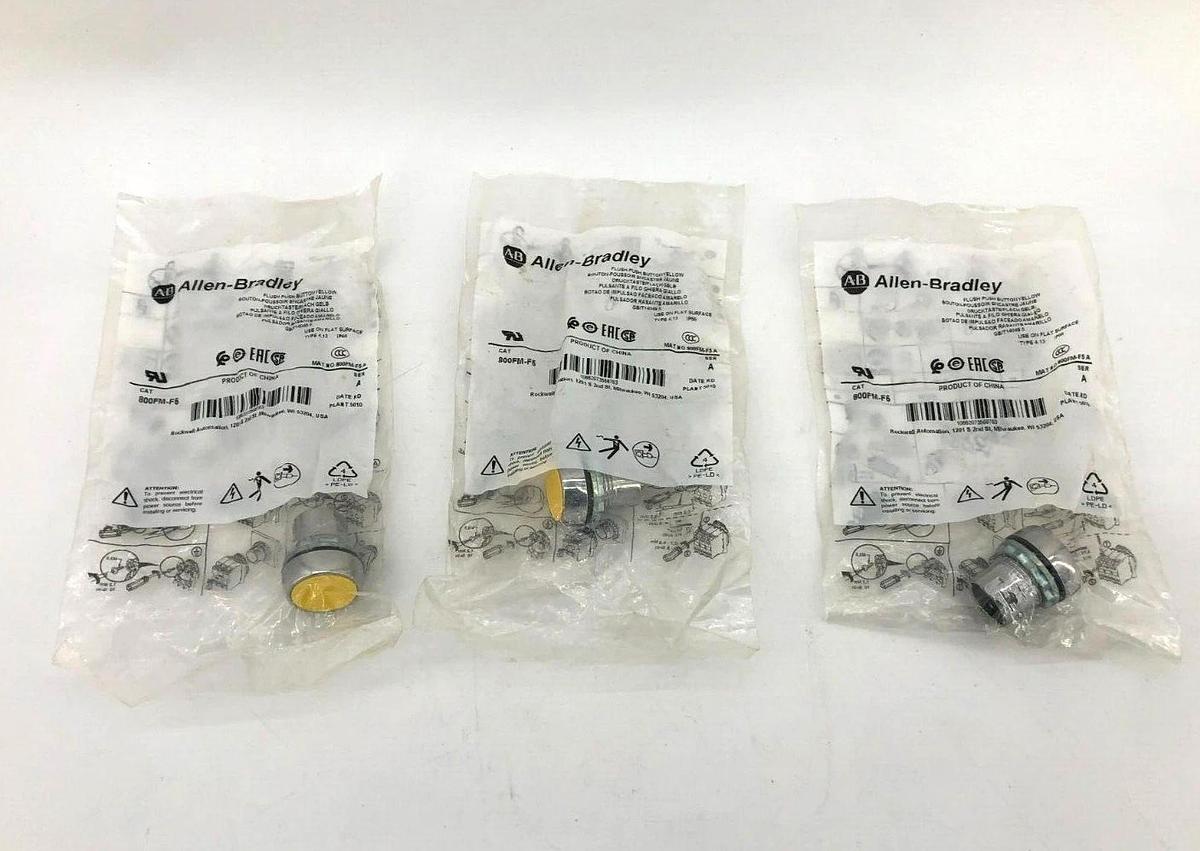 Lot of 3 New Allen Bradley 800FM-F6 Ser. A Pushbuttons, Flush, Yellow