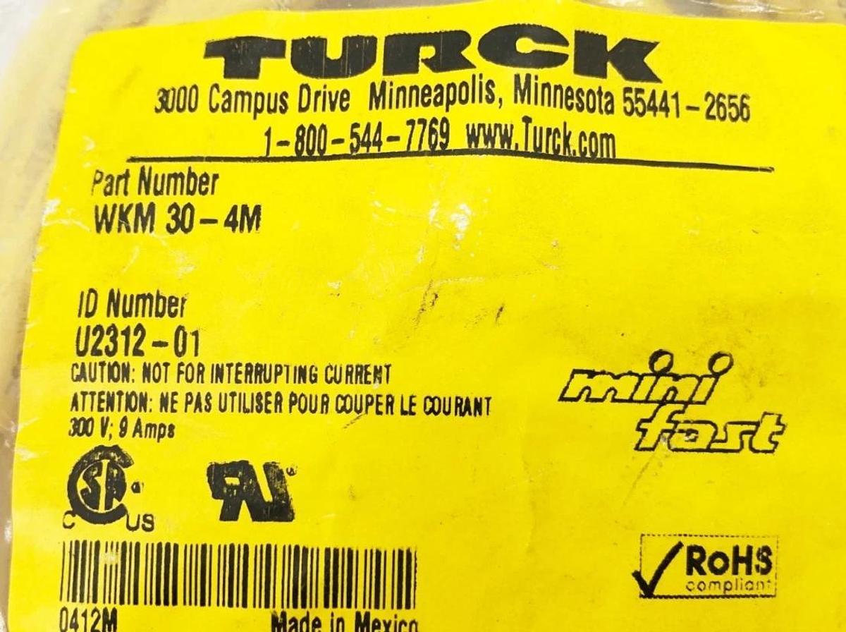 New Turck WKM 30-4M Single-Ended Mating Cable Right Angle Female U2312-01