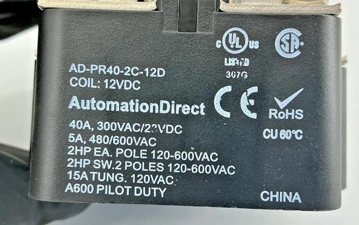 New Automation Direct AD-PR40-2C-12D Power Relay 40A 300VAC Coil: 12VDC - No Box