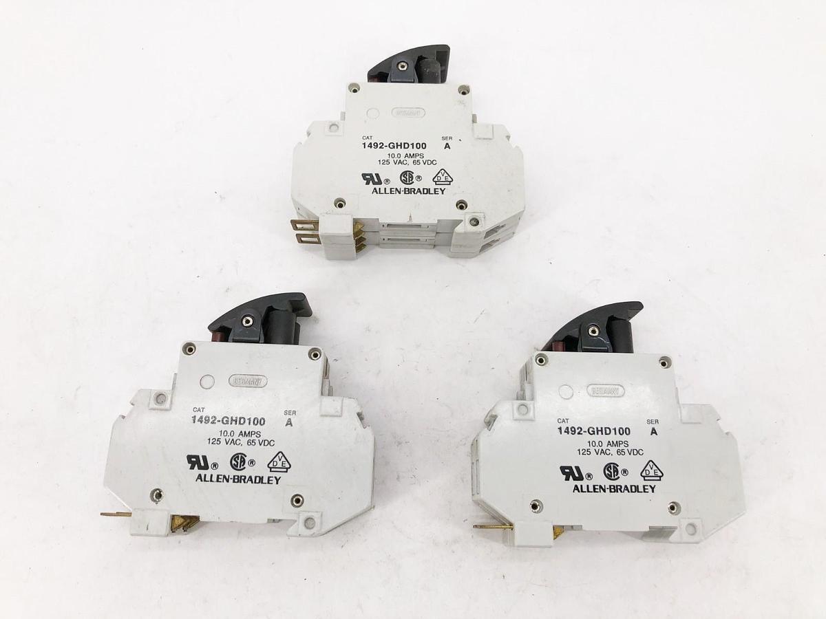 Lot of 3 New Allen-Bradley 1492-GHD100 Circuit Breakers 10A 125VAC 65VDC No Box
