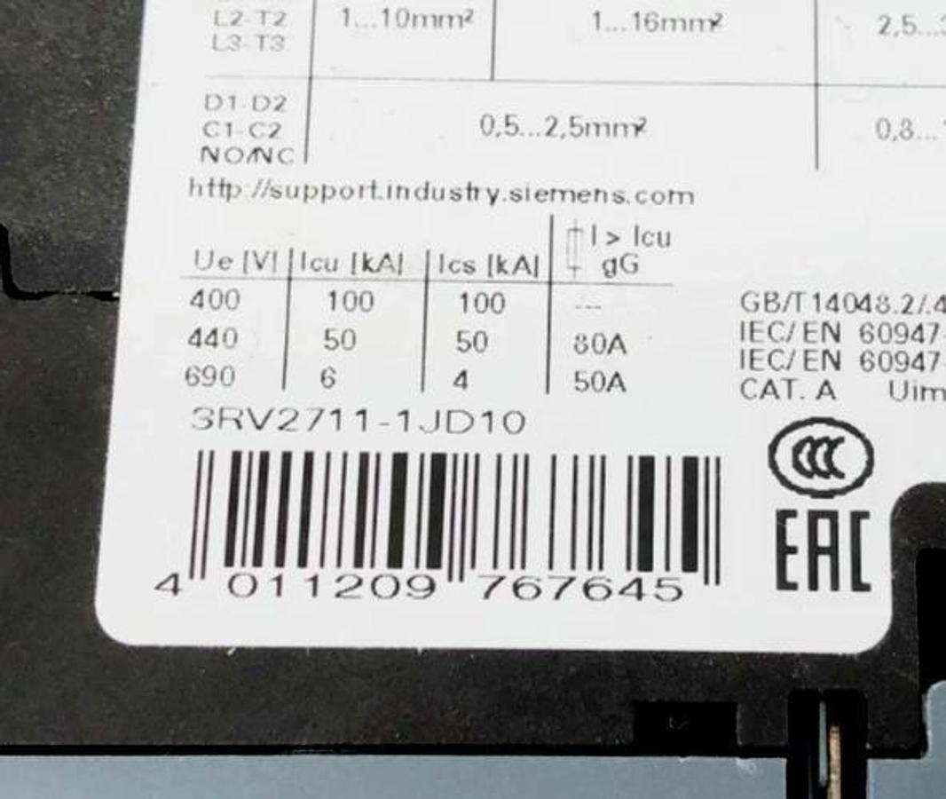 New Siemens 3RV2711-1JD10 Circuit Breaker 10A 3-Pole 600Y/347V - No Box